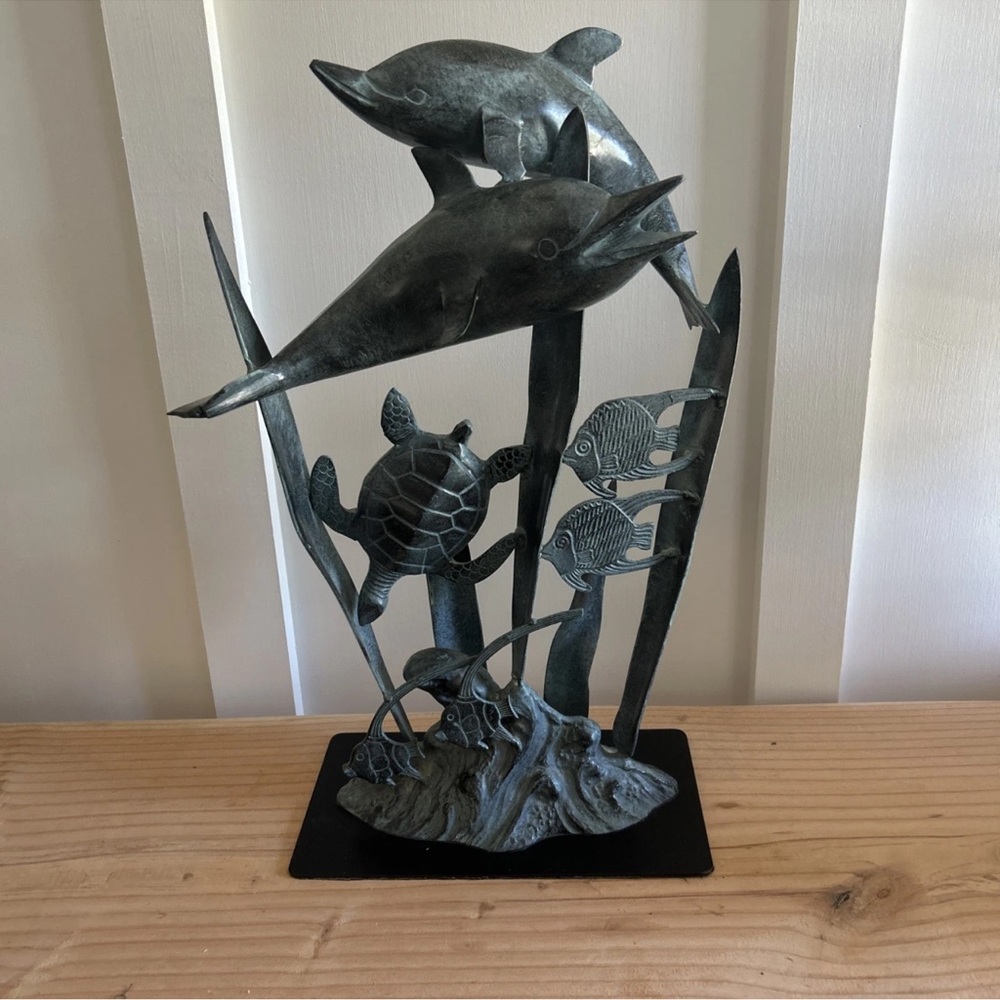 Vintage Nautical Sea life Metal Sculpture Statue Sea Turtle Dolphins Fish